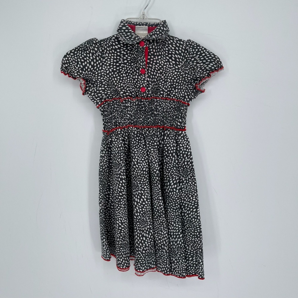Maria Elena Girl's Black White Polka Dot Smocked Waist Fit & Flare Dress Size 5